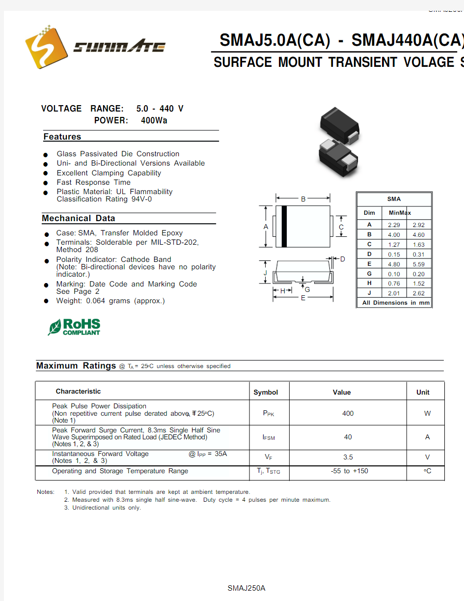 SMAJ250A,TVS瞬变抑制二极管中文资料