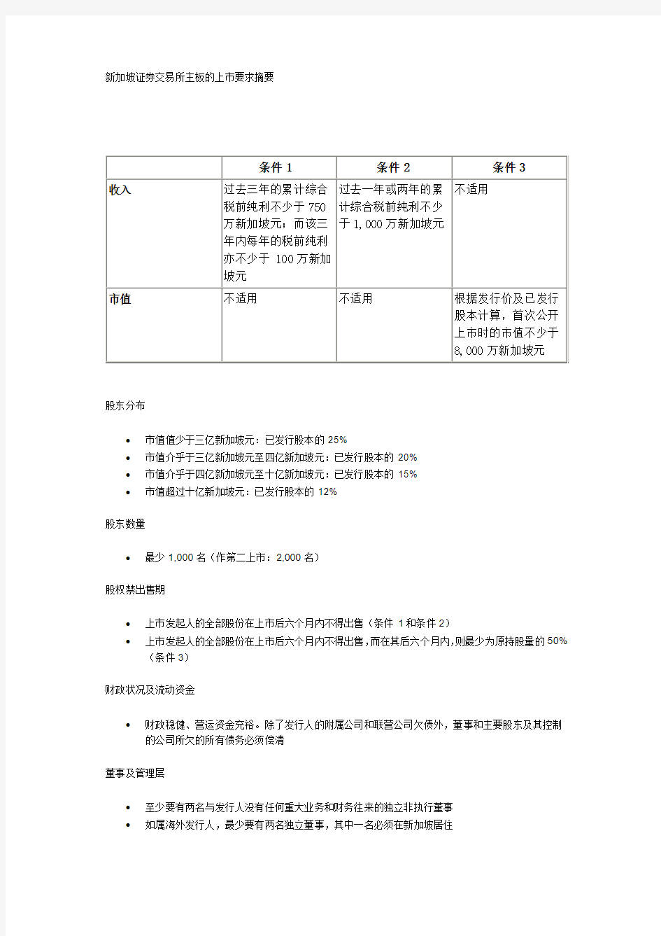 新加坡证券交易所主板的上市要求摘要