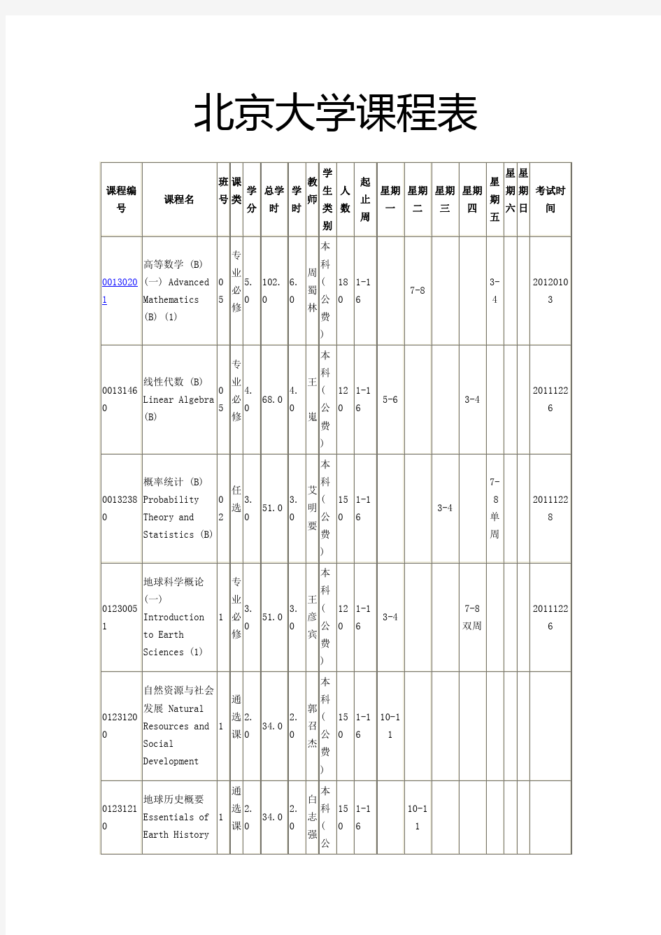 北京大学地质系课程表