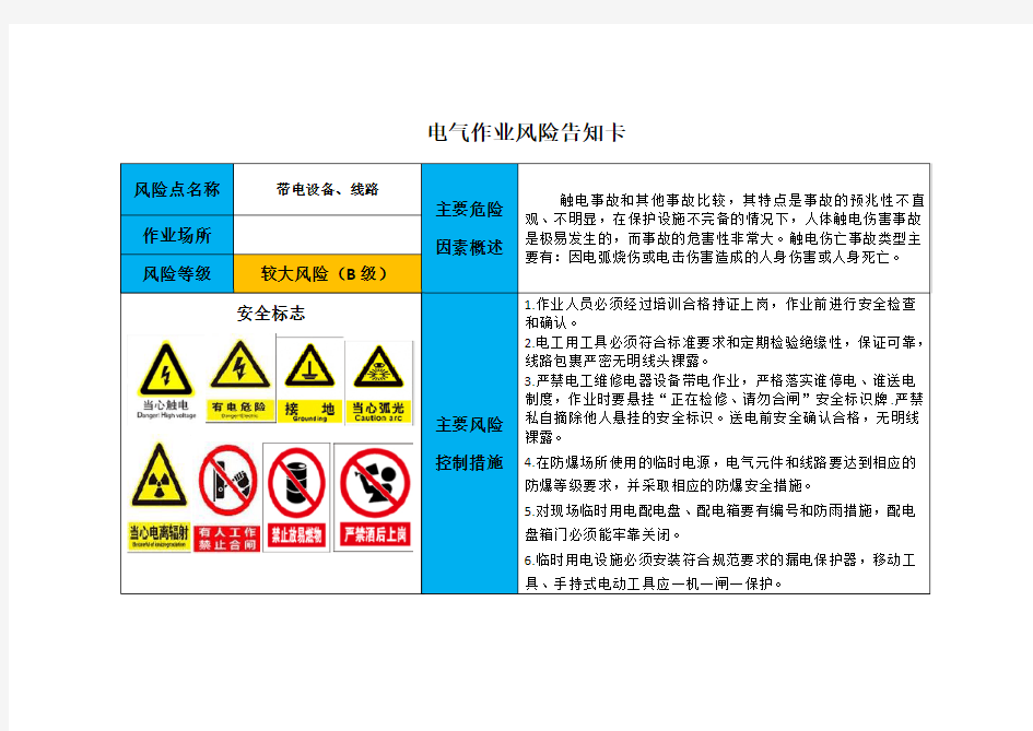 常见岗位安全风险告知卡