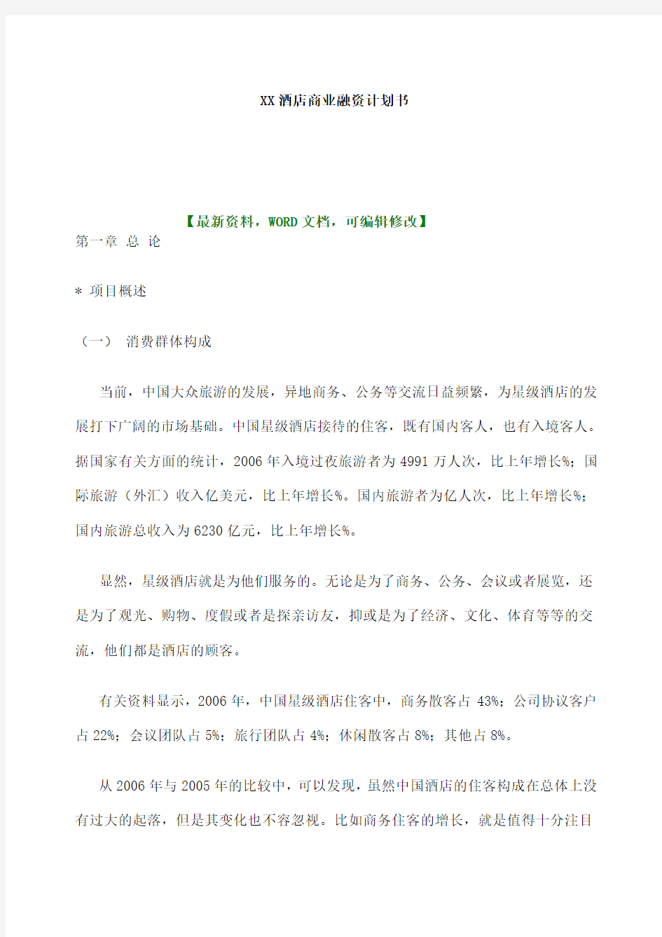 星级酒店商业融资计划书