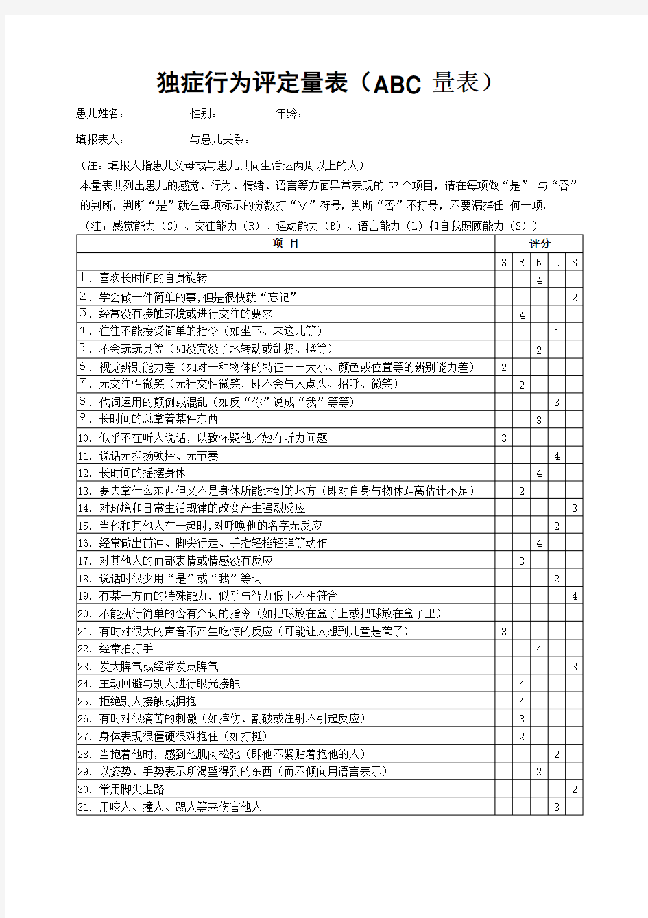 ABC自闭症行为检查量表