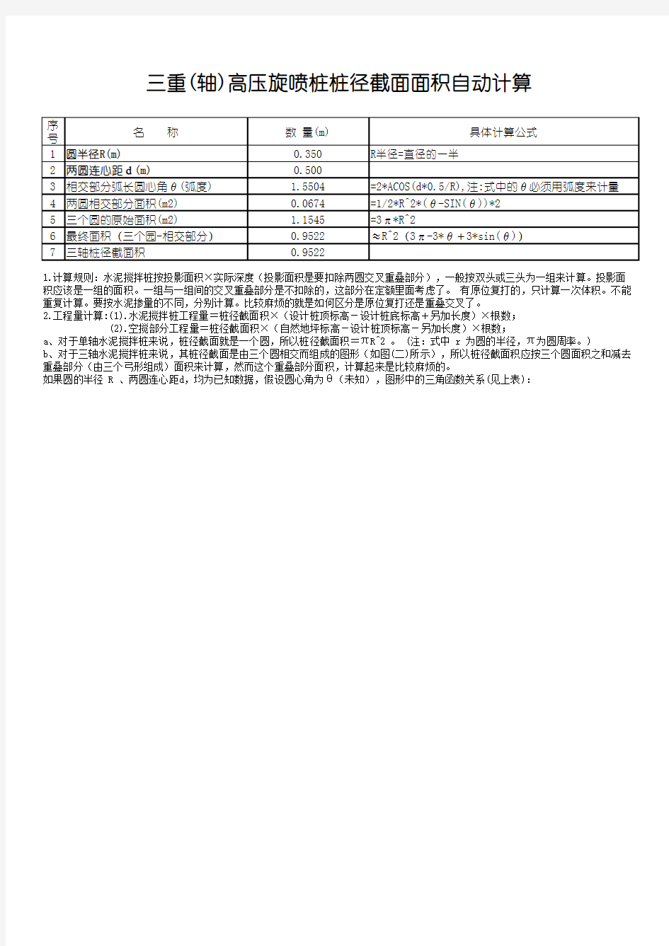 三(两)轴高压旋喷桩水泥用量计算表