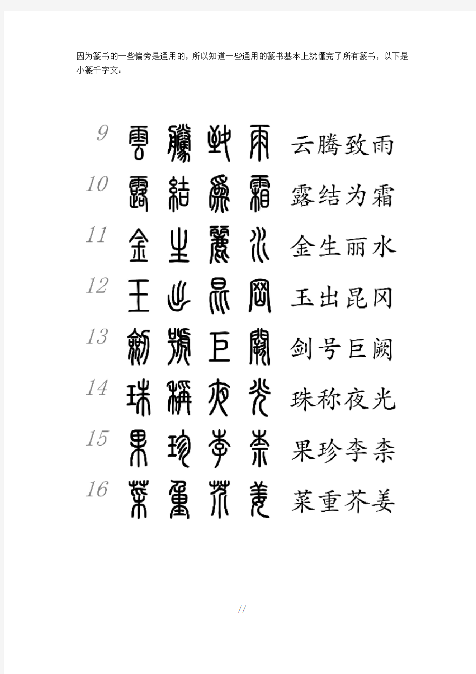 篆书汉字对照表