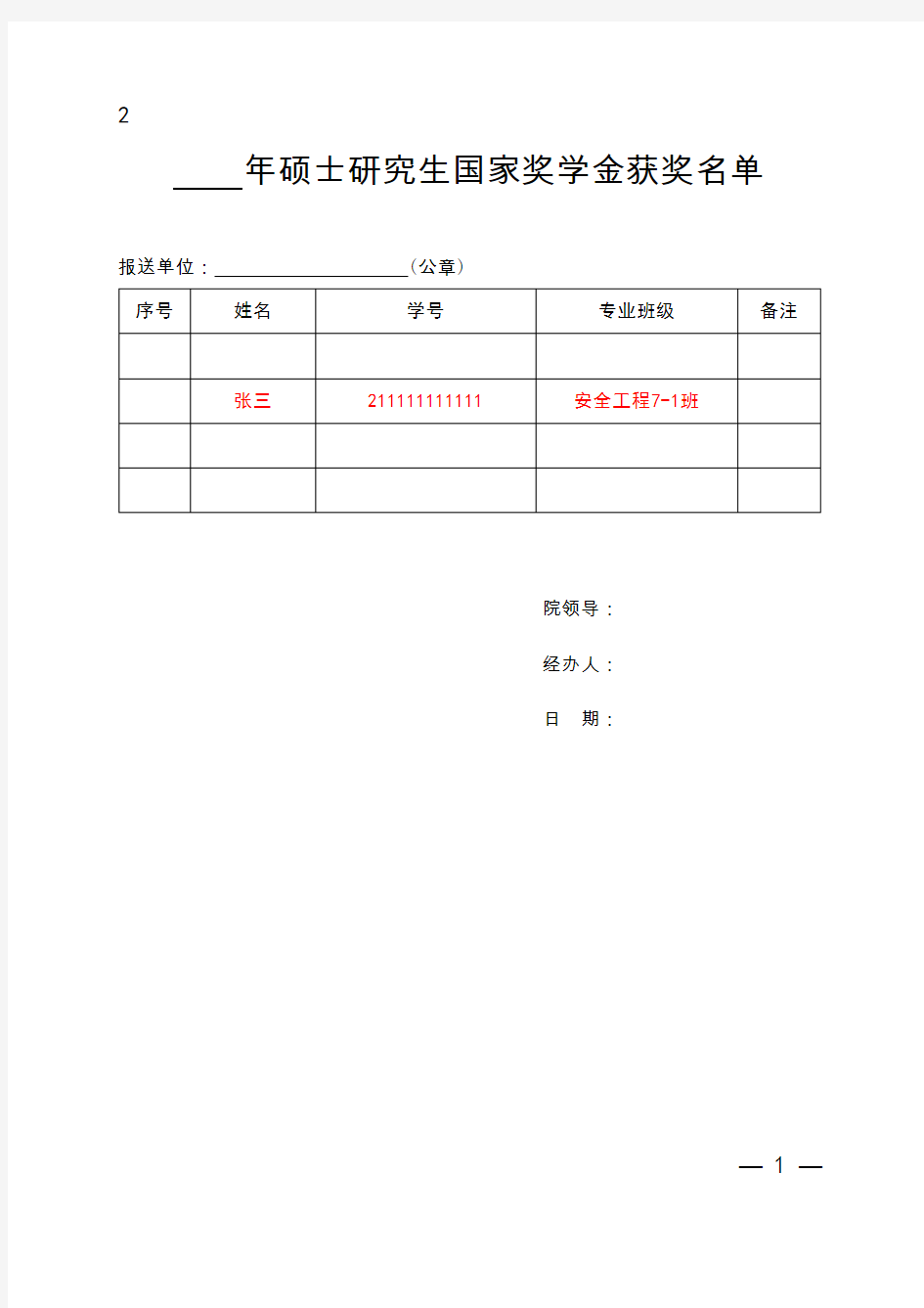 硕士研究生国家奖学金获奖名单