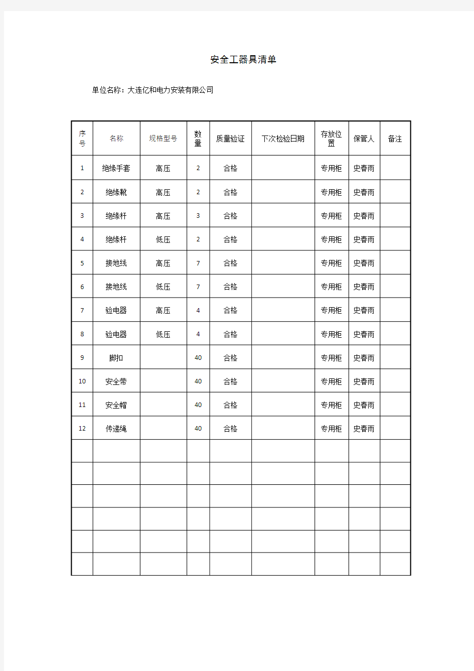 安全工器具清单