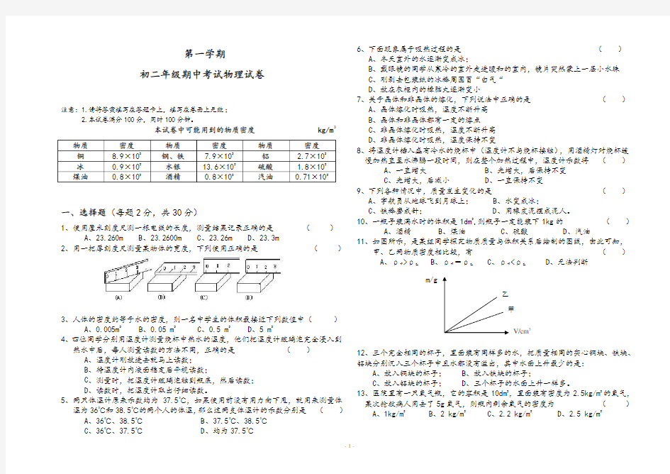 初二物理期中试卷