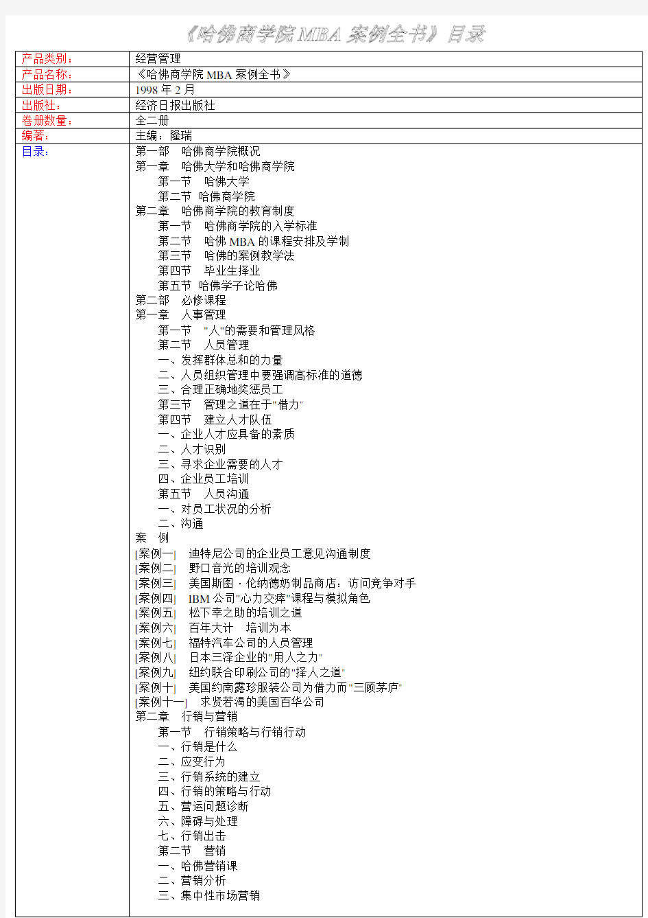 《哈佛商学院MBA案例全书》目录.doc