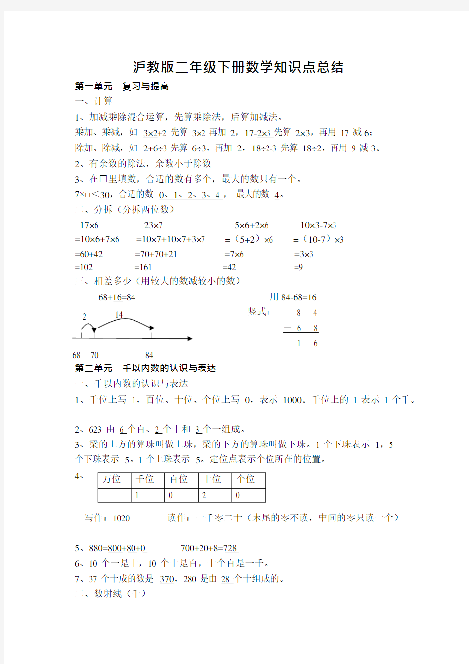 沪教版二年级下册数学知识点总结(最新整理)