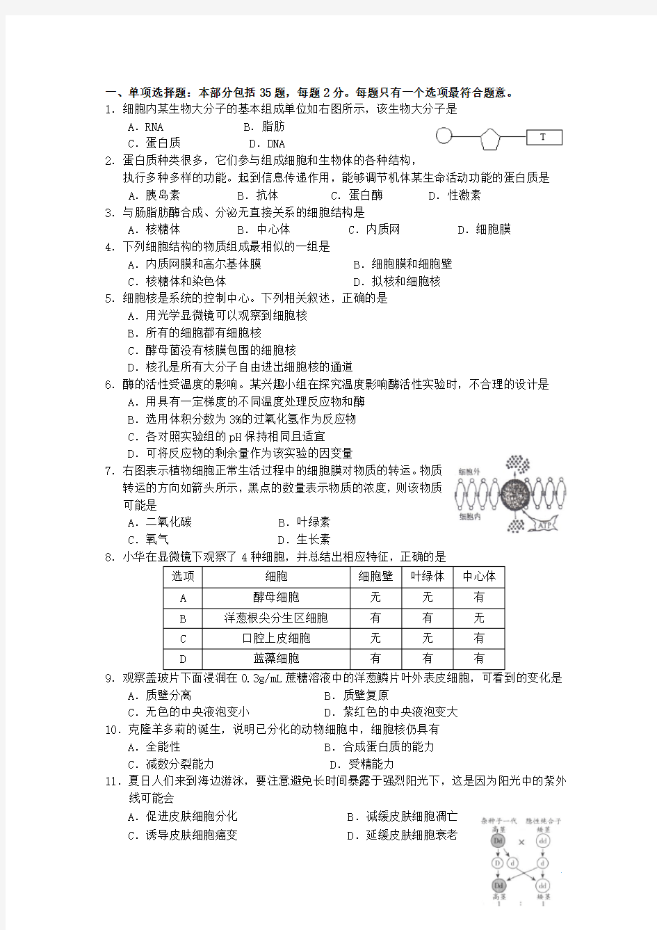 江苏省如皋中学高二生物3月学业水平模拟试题苏教版