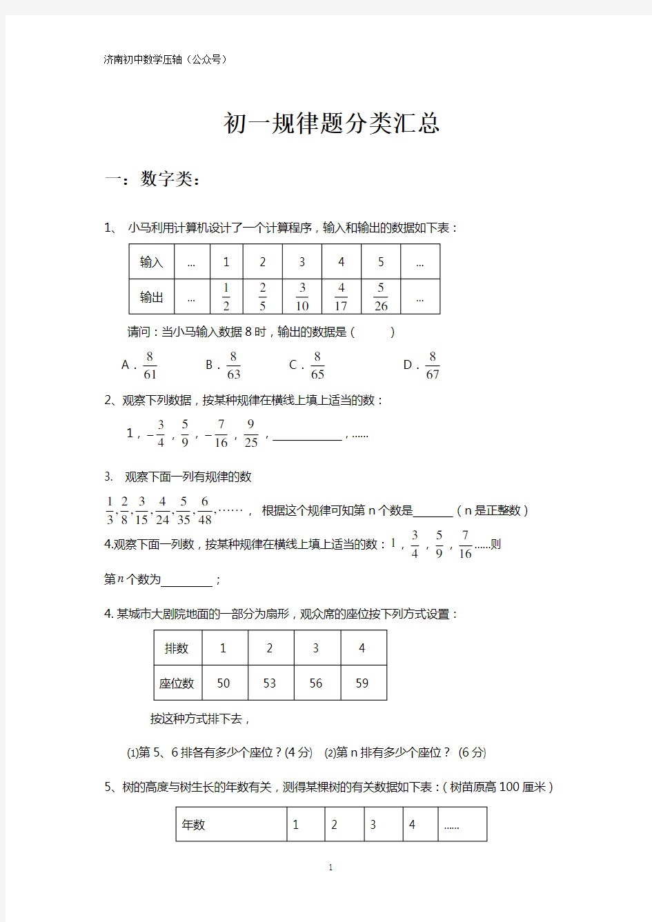 初中数学七年级规律题汇总