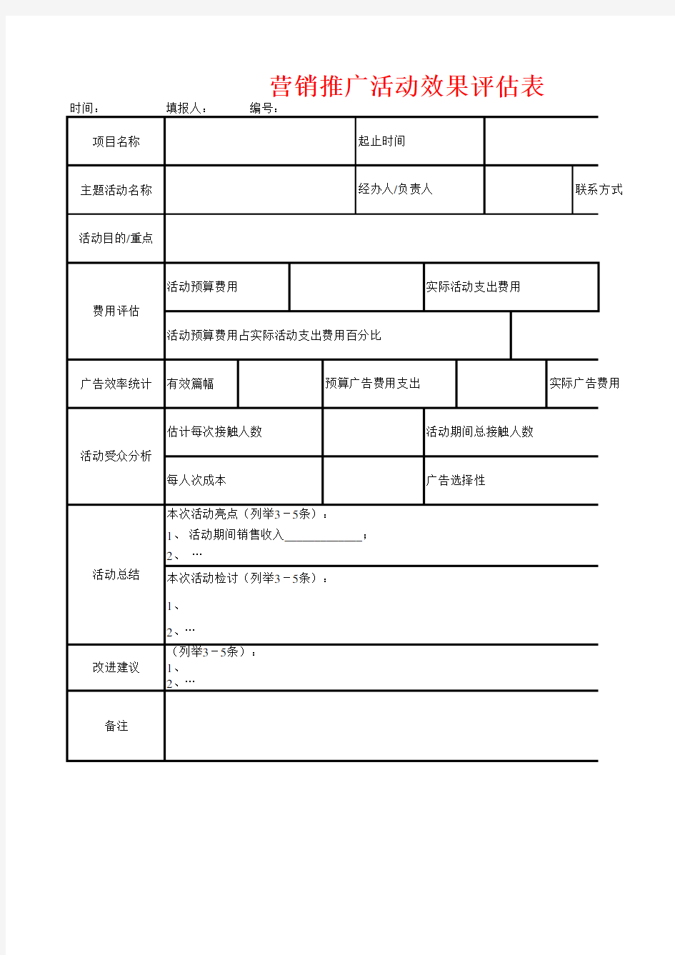 营销推广活动效果评估表