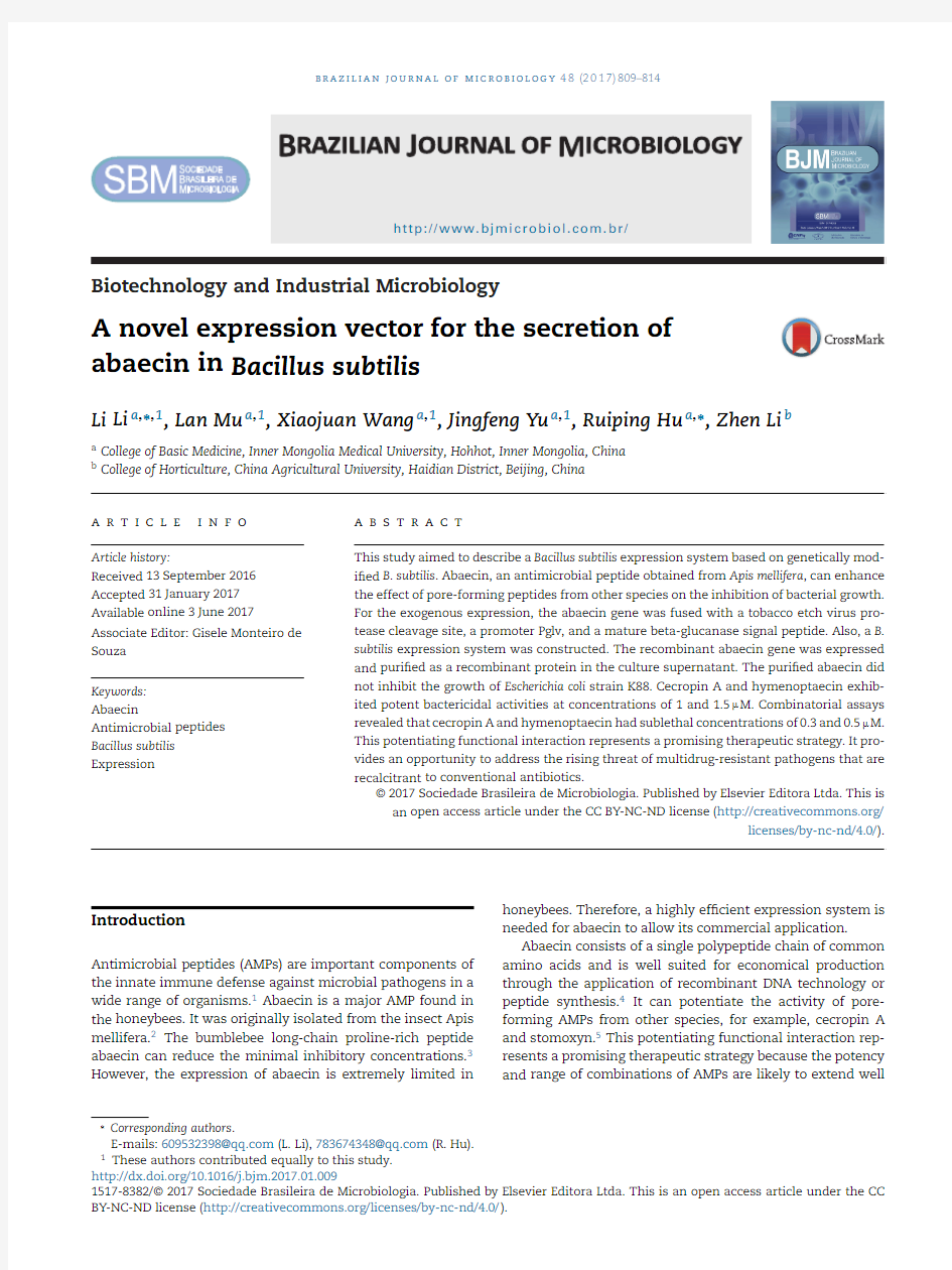 A novel expression vector for the secretion of abaecin in Bacillus subtilis