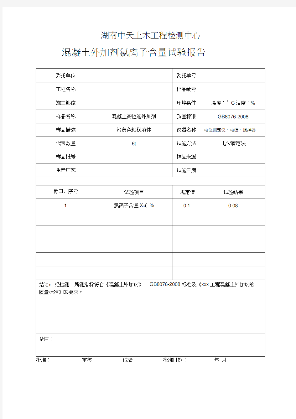 混凝土外加剂氯离子含量试验报告