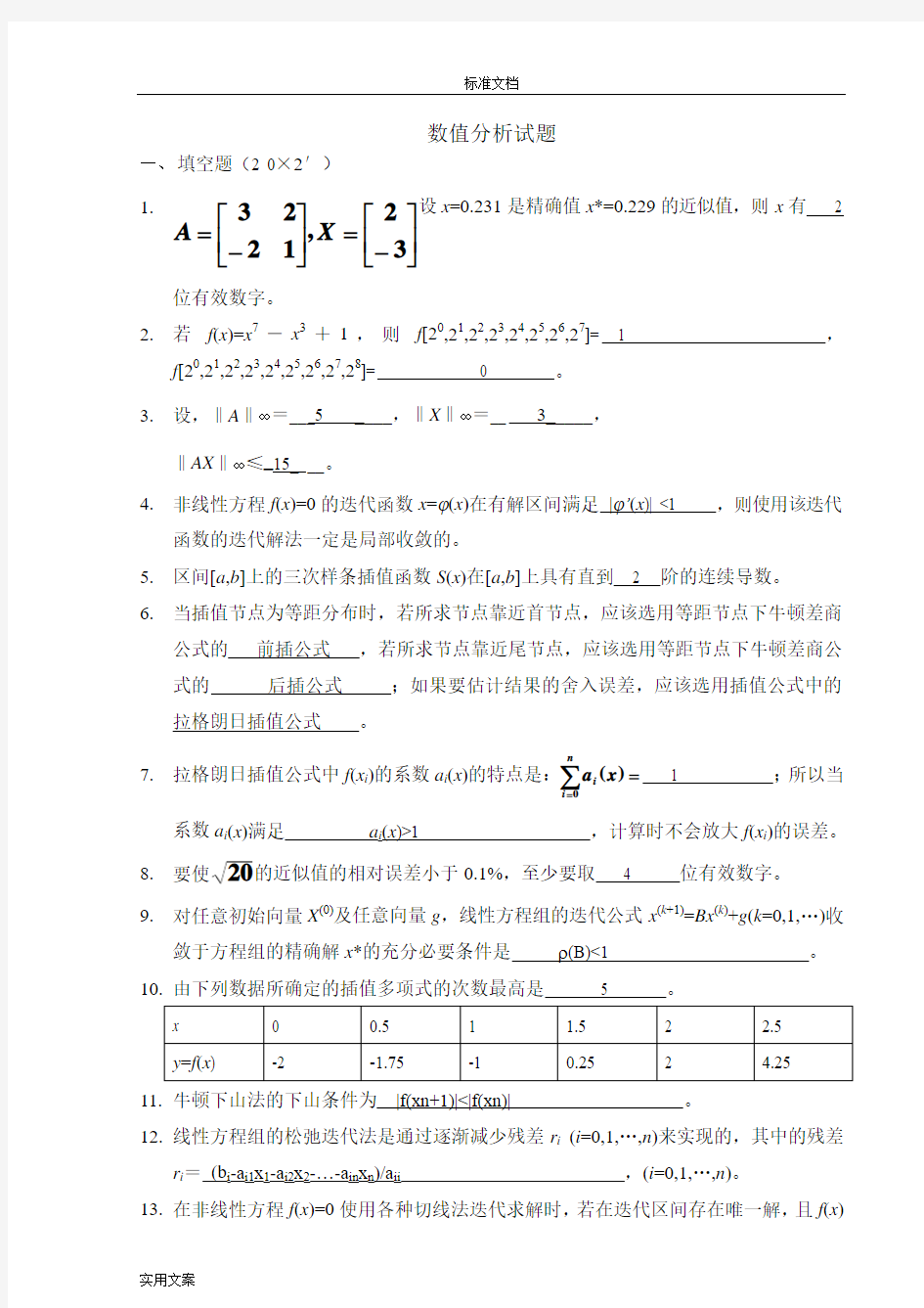 数值分析报告精彩试题及问题详解汇总情况