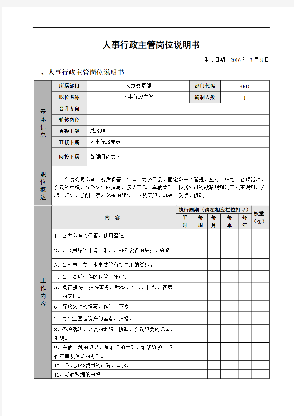 人事行政主管岗位说明书