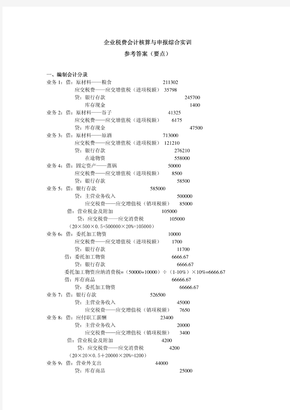 税务会计实务教学课件ppt作者梁伟样综合实训答案《税务会计实训》综合实训参考答.