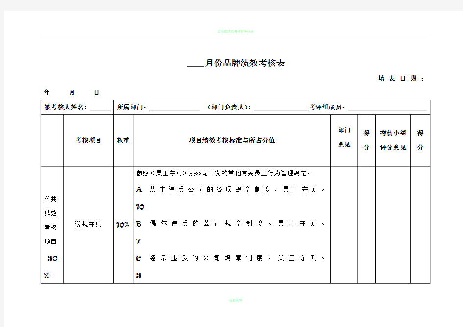 品牌绩效考核表新