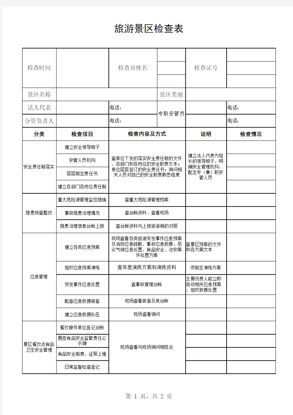 旅游景区检查内容详细表格