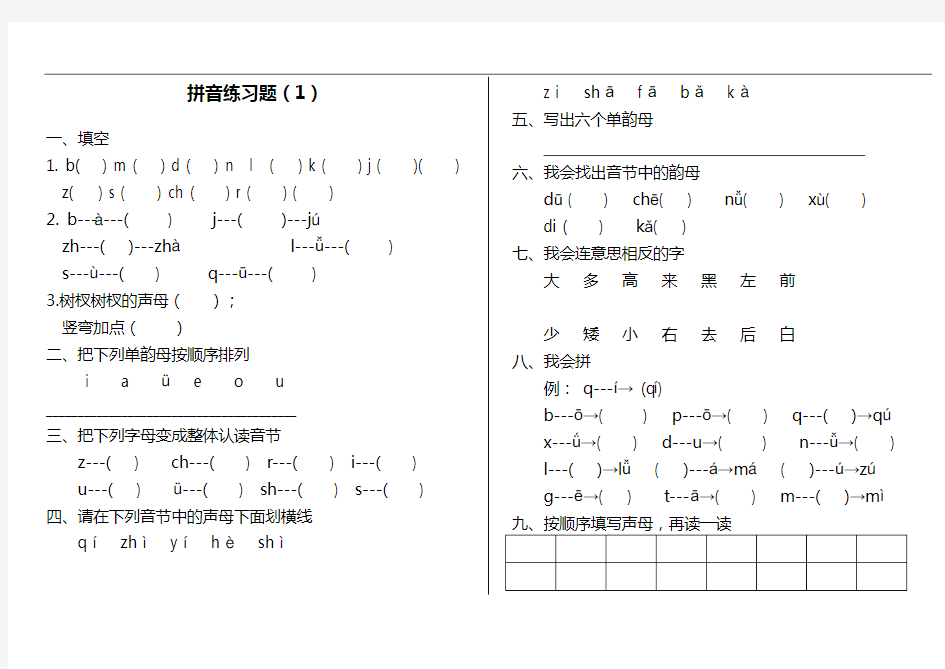 幼儿园大班拼音练习题集