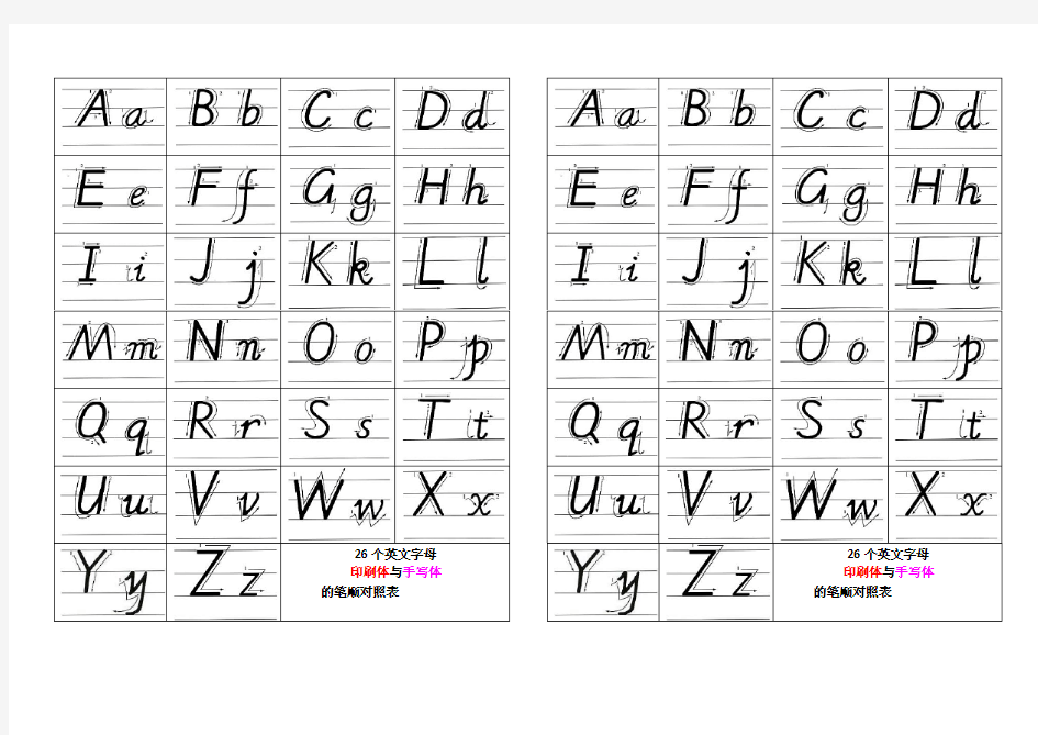 26个英文字母手写体及笔顺一张
