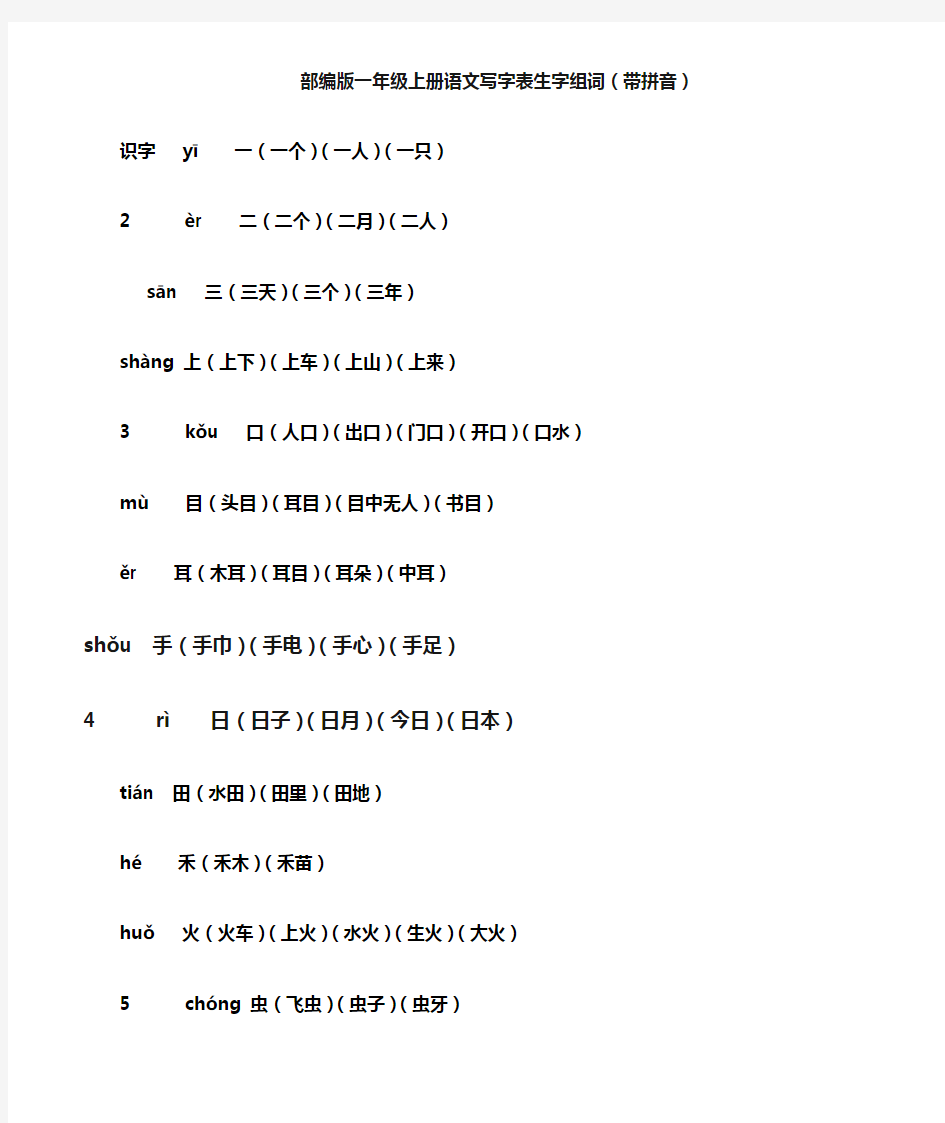 部编版一年级上册语文写字表生字组词(带拼音)