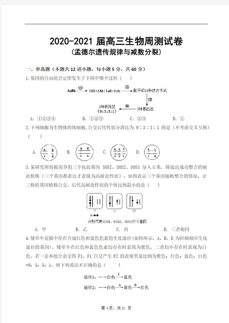 2020-2021届高三生物周测试题与答案(遗传规律和减数分裂)