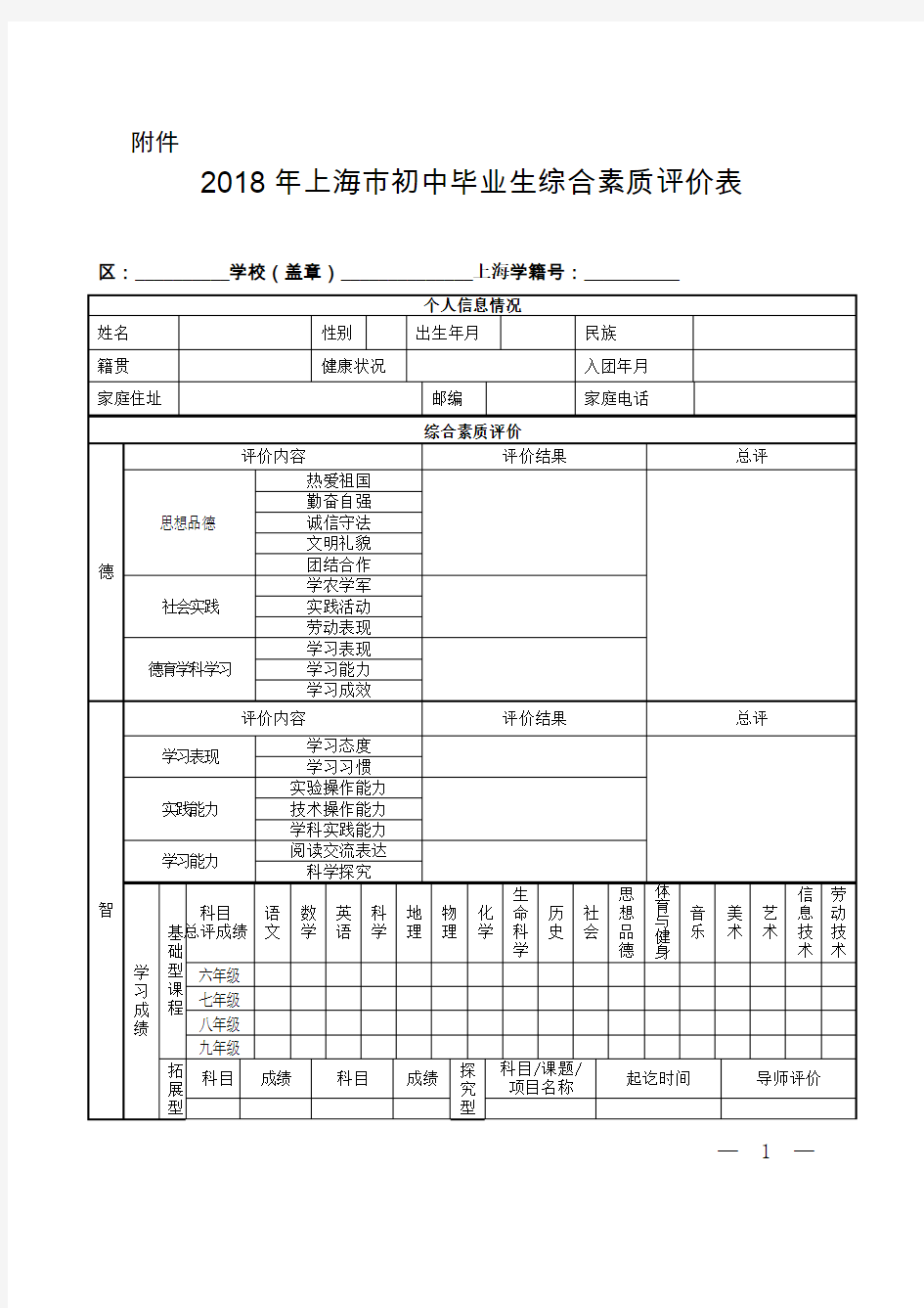 2018年上海初中毕业生综合素质评价表