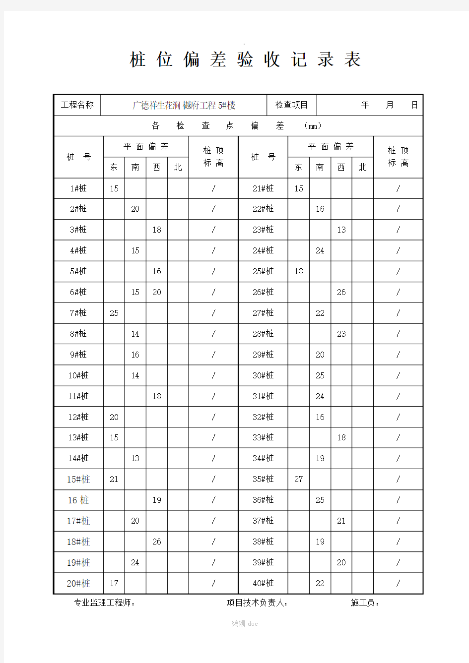 桩位偏差验收记录表