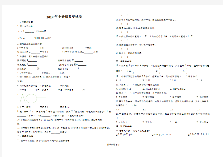 2019人教版小升初数学试卷及答案