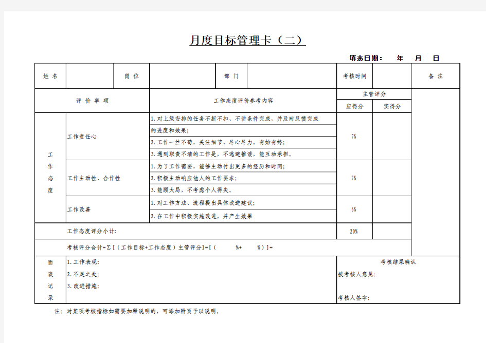 公司月度目标管理卡