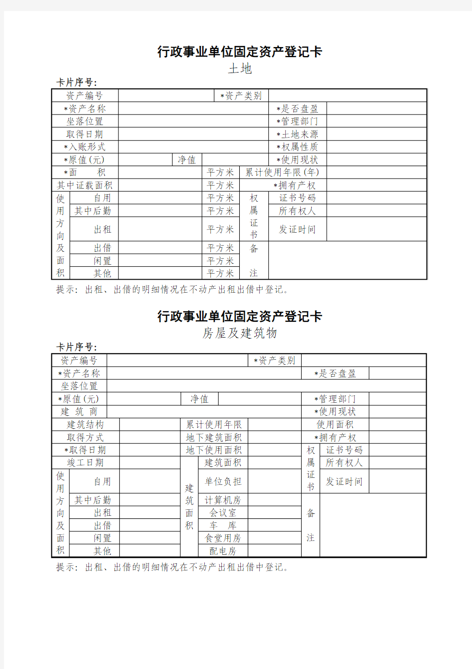 行政事业单位固定资产登记卡