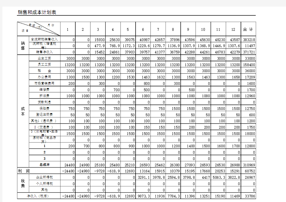 销售和成本计划表