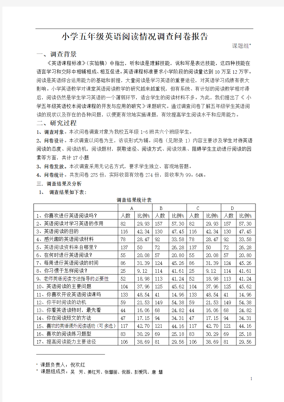 小学五年级英语阅读情况调查问卷报告