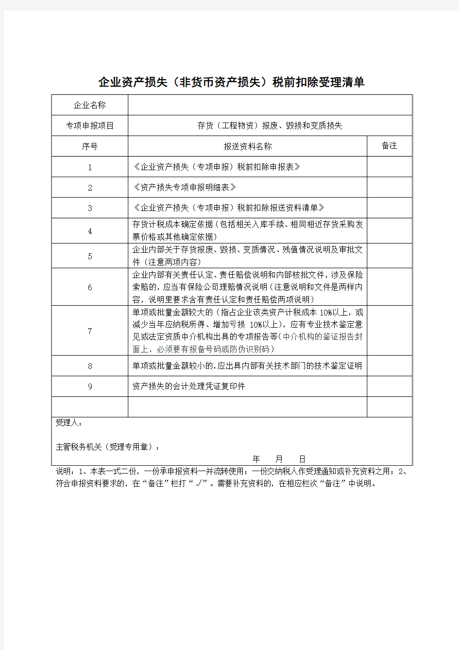 专项申报受理清单—2.2存货(工程物资)报废、毁损和变质损失