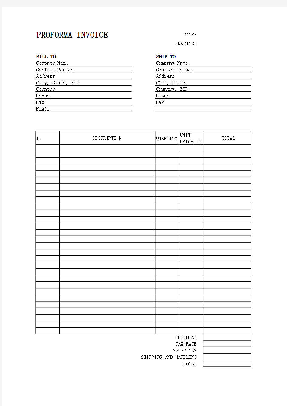 简洁英文报价单 PROFORMA INVOICE