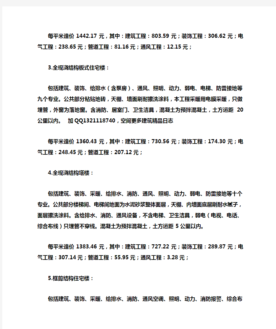 住宅楼商住楼每平方米造价