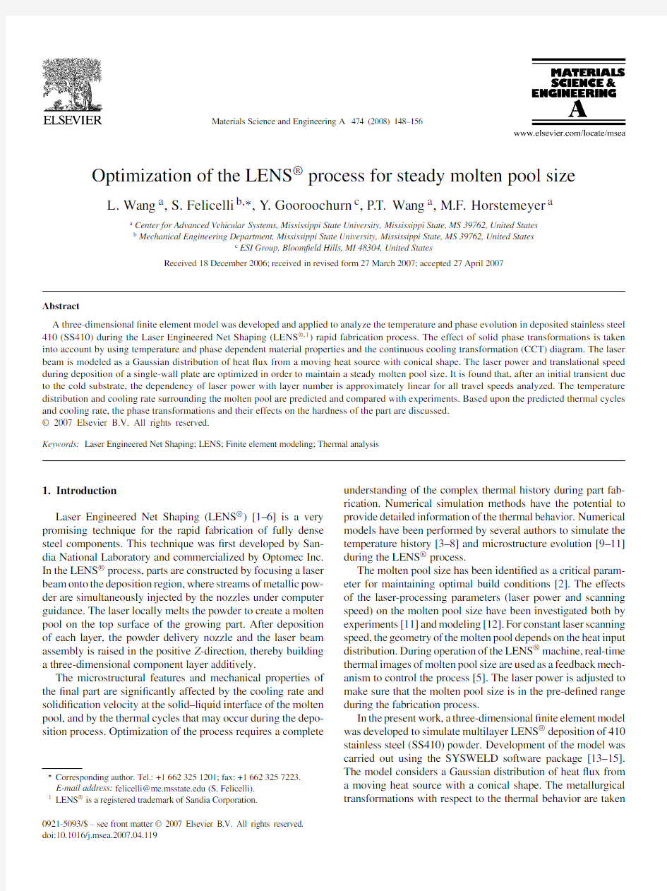 Optimization  of  the  LENS ○R   process  for  steady molten pool size