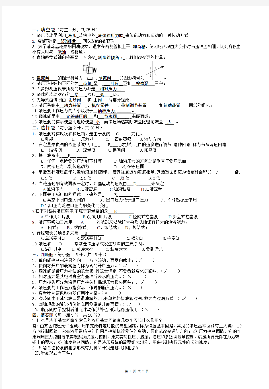 上海理工大学液压元件试卷