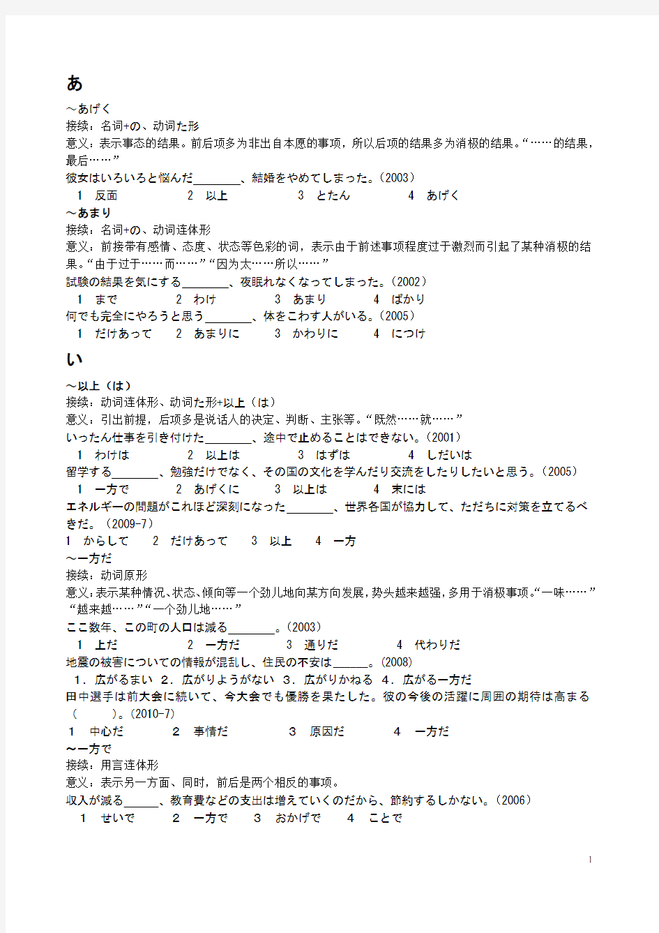 2001年-2011年日本语能力考试N2二级文法汇总