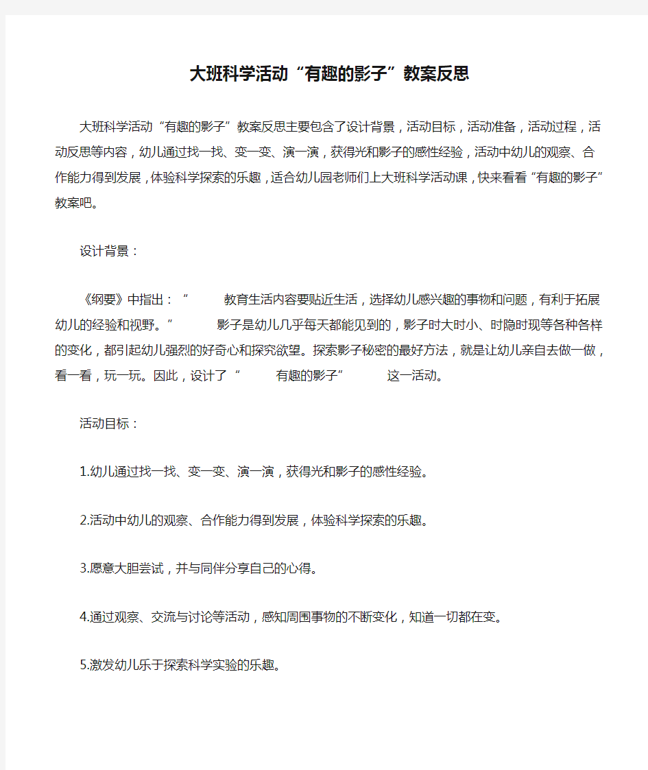 大班科学活动“有趣的影子”教案反思