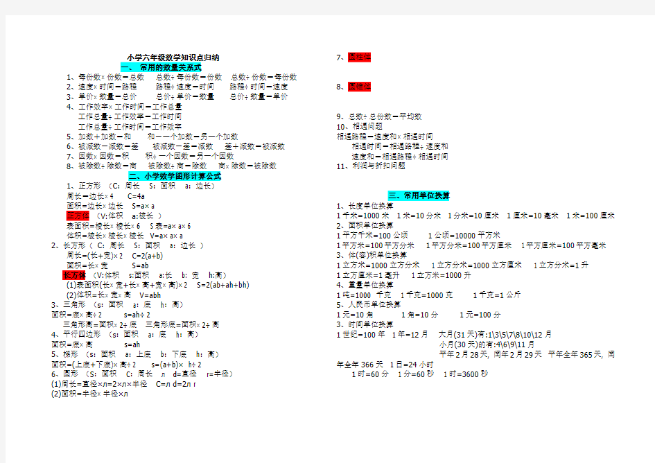 新北师大版小学六年级数学总复习知识点归纳