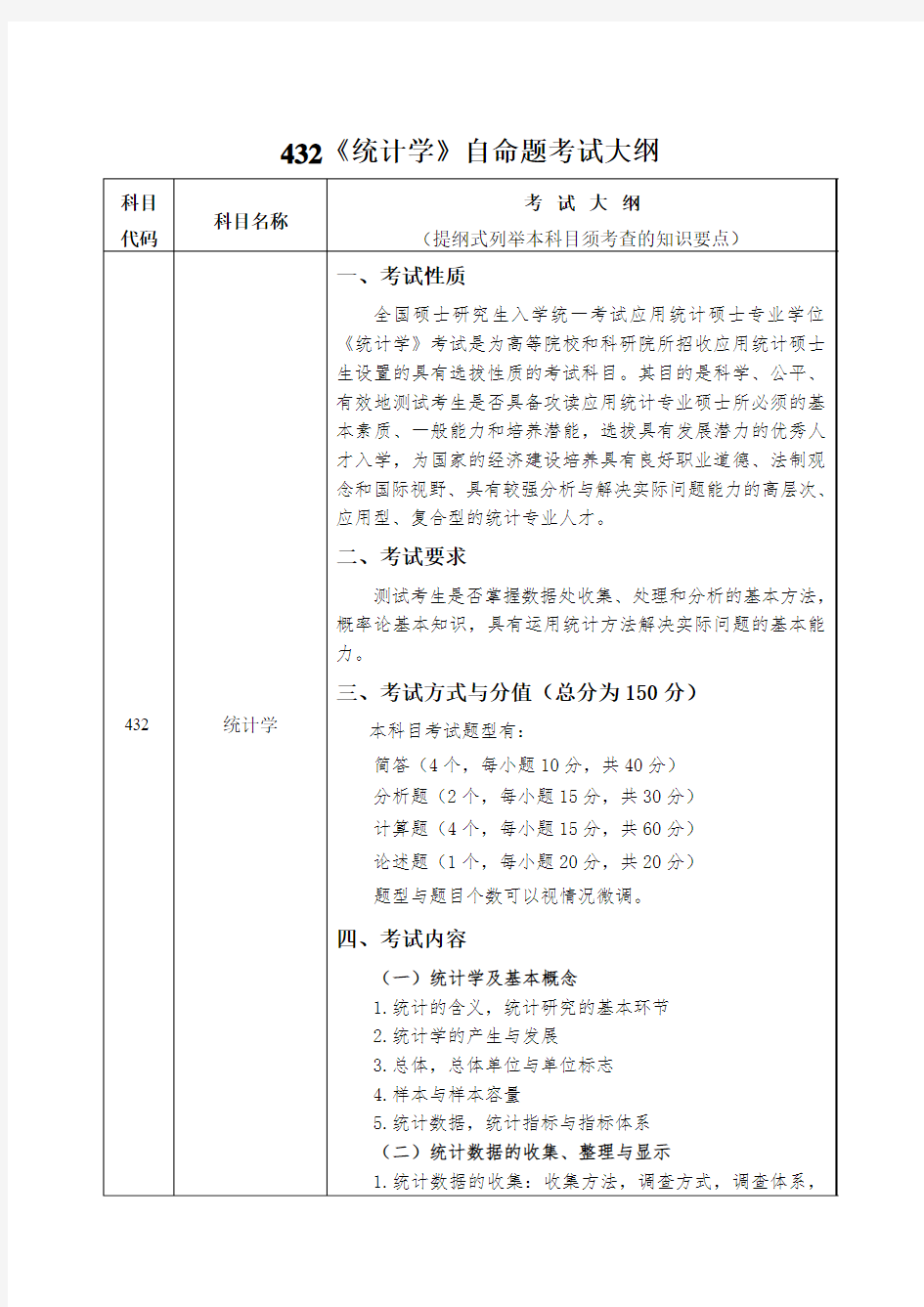 432统计学自命题考试大纲