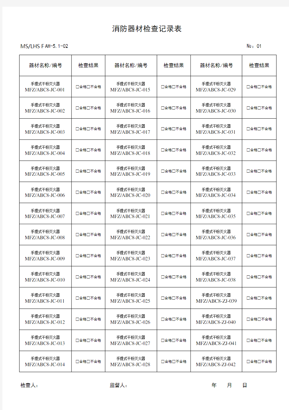 消防器材检查记录表