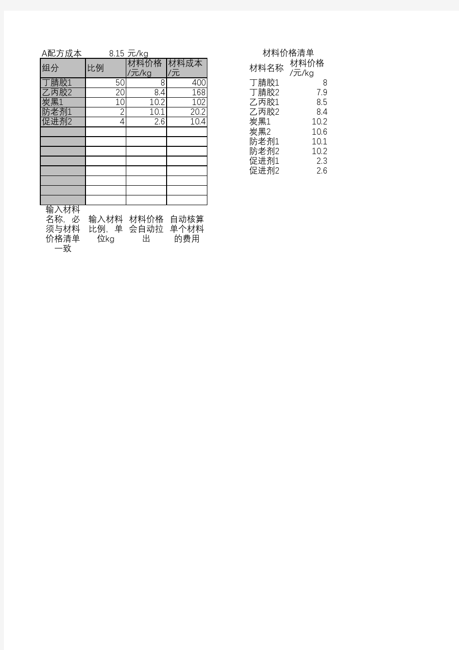 产品配方成本核算表