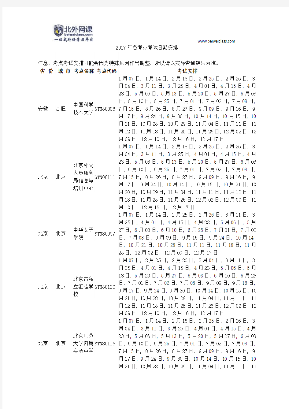 2017全国托福考试地点及时间汇总