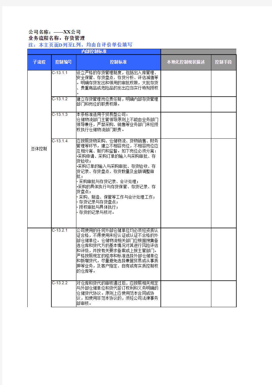 内部控制评价工作底稿_13存货管理解析