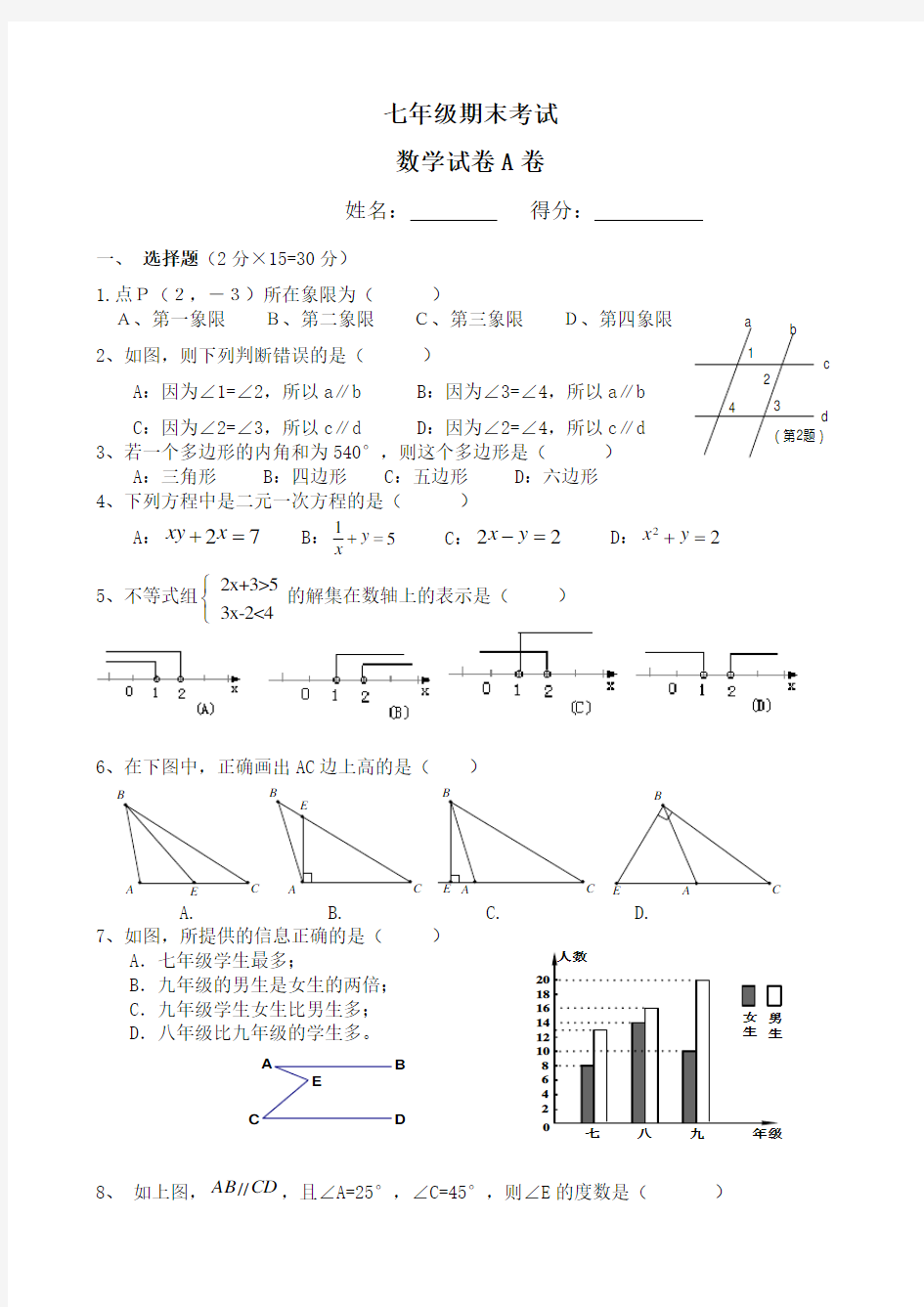 人教版初一数学下册期末测试题真题