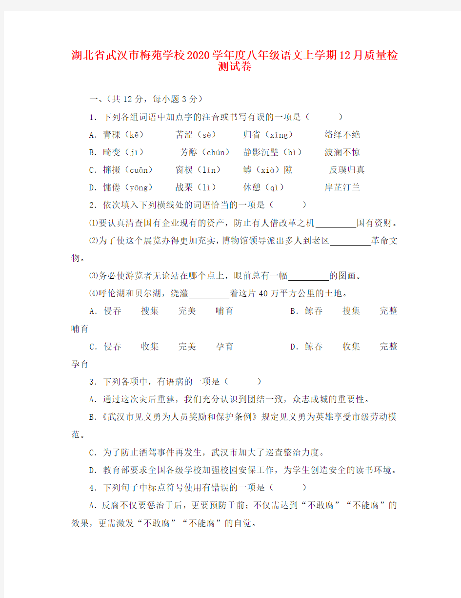 湖北省武汉市梅苑学校2020学年度八年级语文上学期12月质量检测试卷