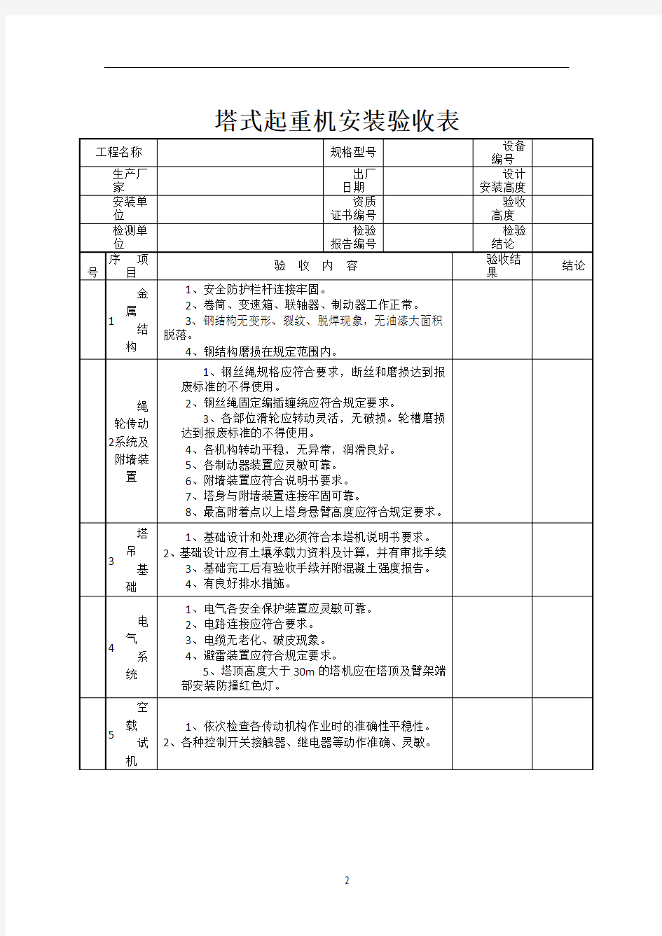 塔式起重机安装验收表(四方验收)